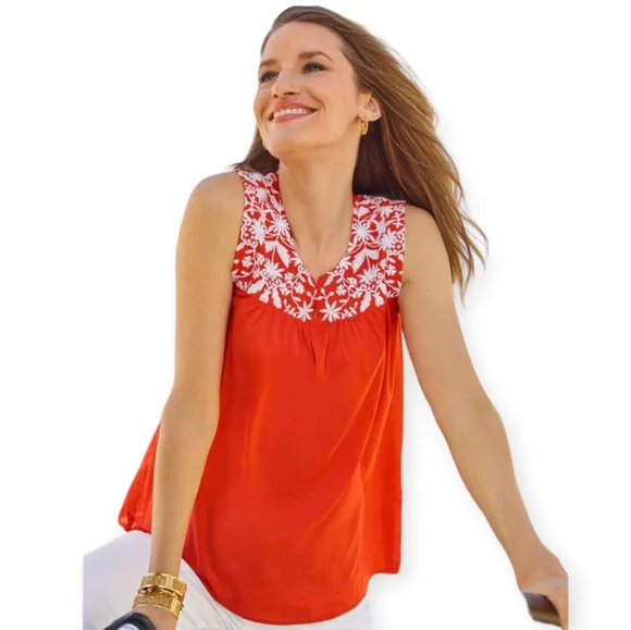 Talbots orange & white embroidered voile shell blouse top Womens XLarge - Picture 3 of 8